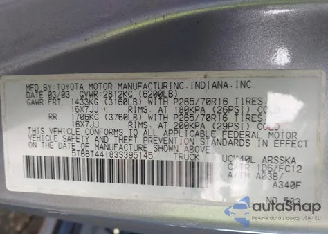 2003 Toyota Tundra Sr5 V8 z USA, uszkodzony, nr VIN 5TBBT44183S395145